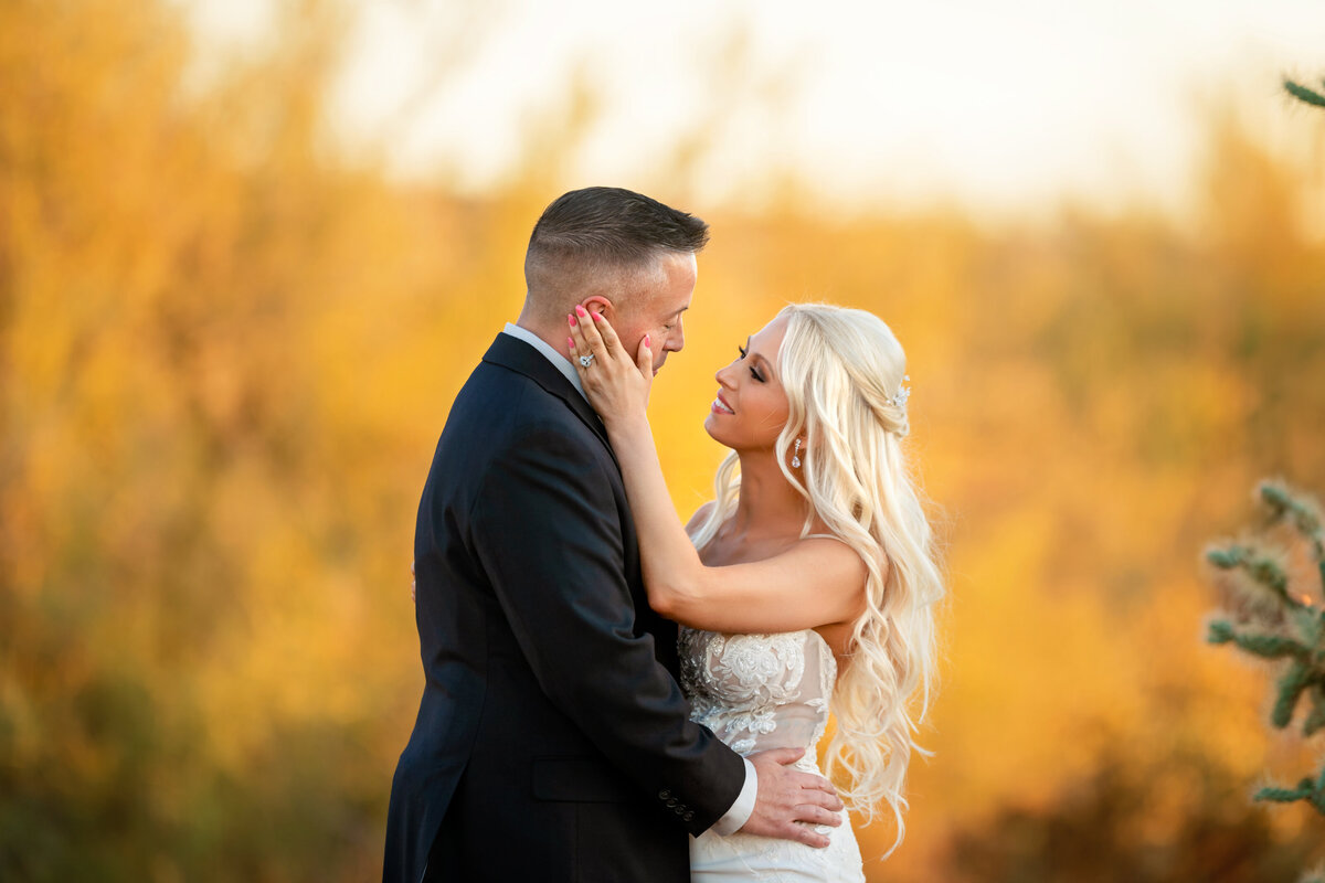 Bride touching husbands face with hand  while looking into his eyes