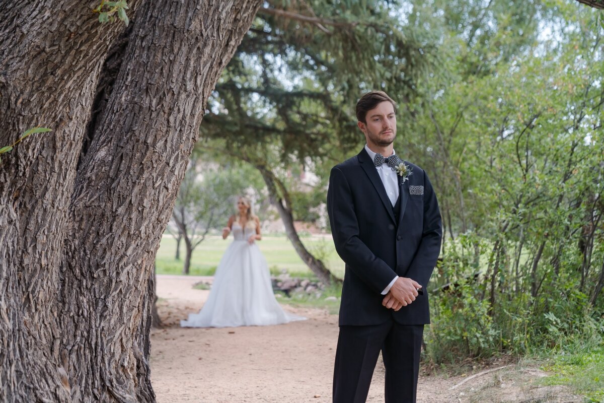 Fall first look Rock Ledge Ranch Wedding