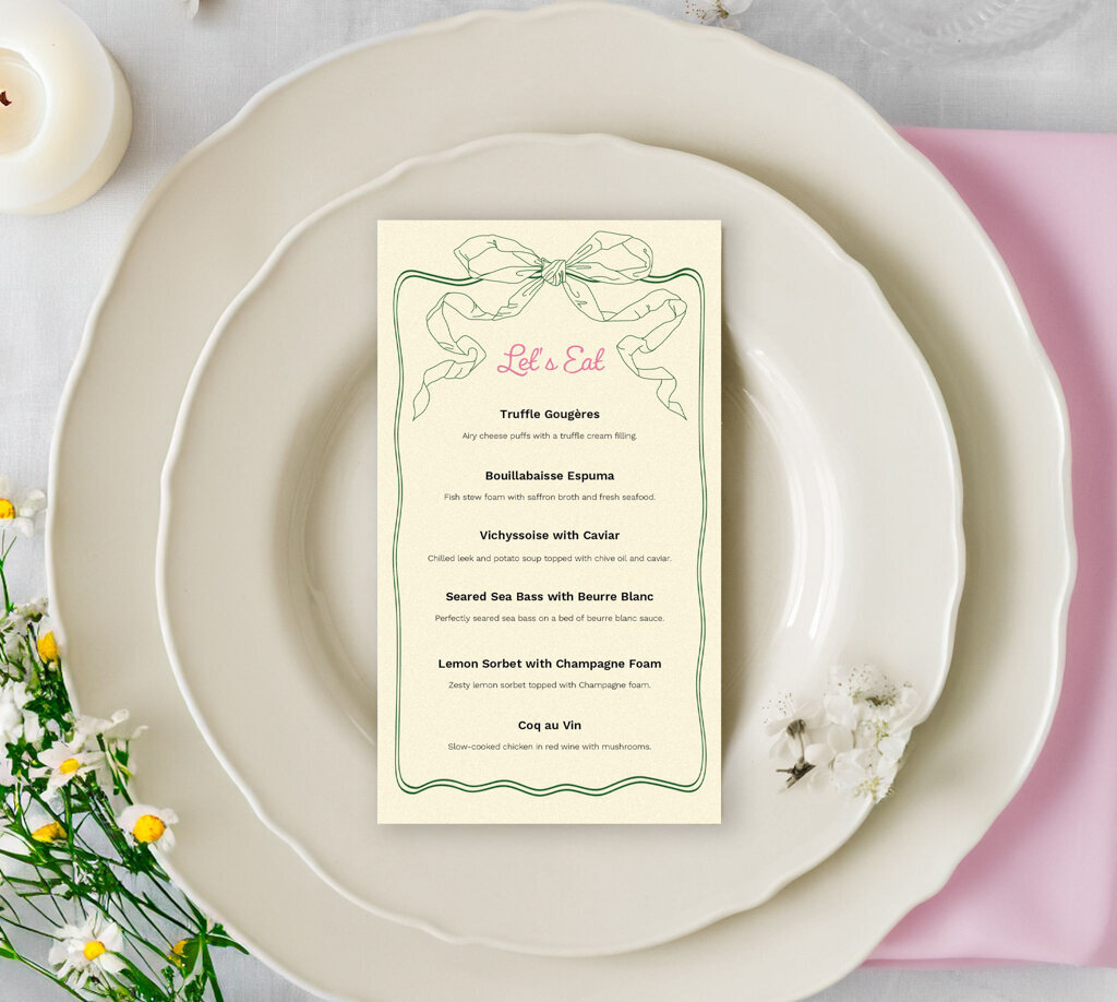 Custom wedding reception menu by Unadorned Stationery, wedding signage and stationery in Vancouver, British Columbia, featured on the Brontë Bride Vendor Guide.