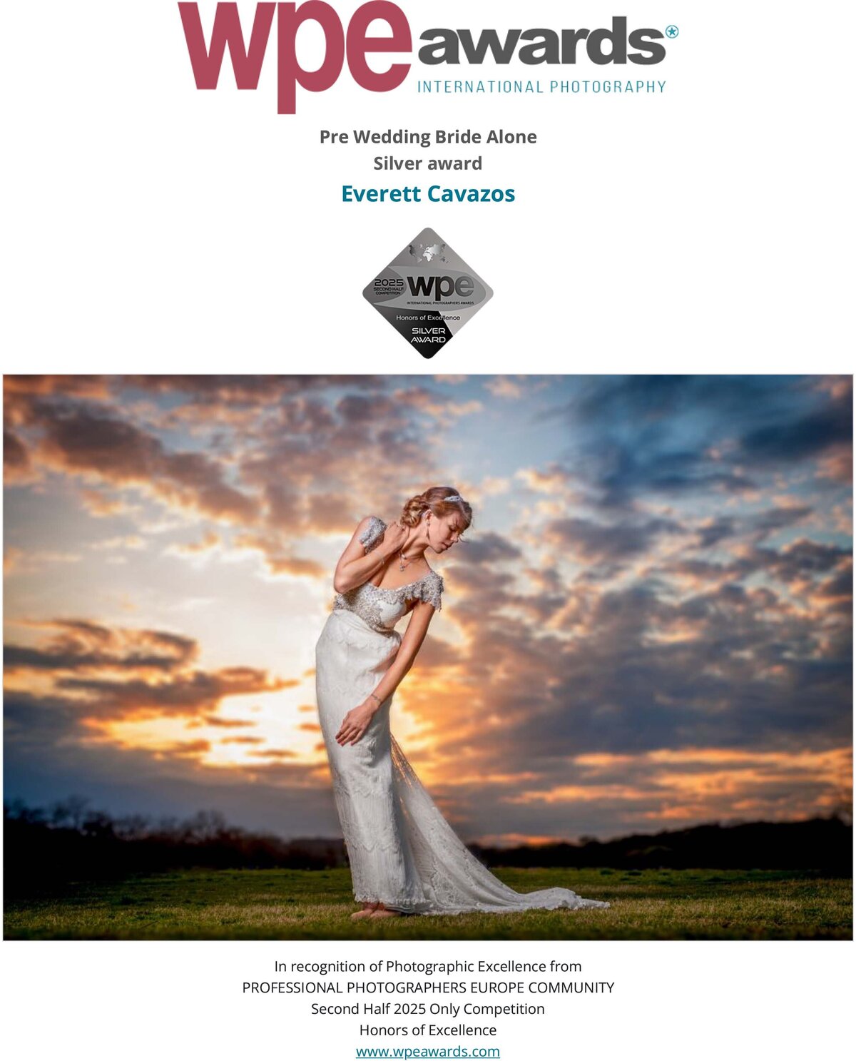 WPE - International Photographers Awards - Certificate delivered to Everett Cavazos-sunsetbride