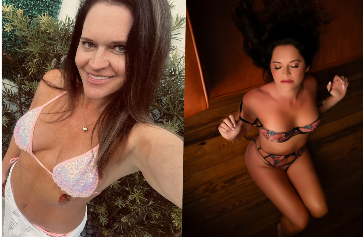 Before and after transformation showing hair and makeup from a BombShell Boudoir session