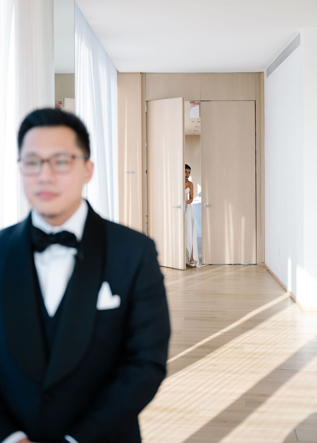 Bride & groom first look at Public Hotel NYC
