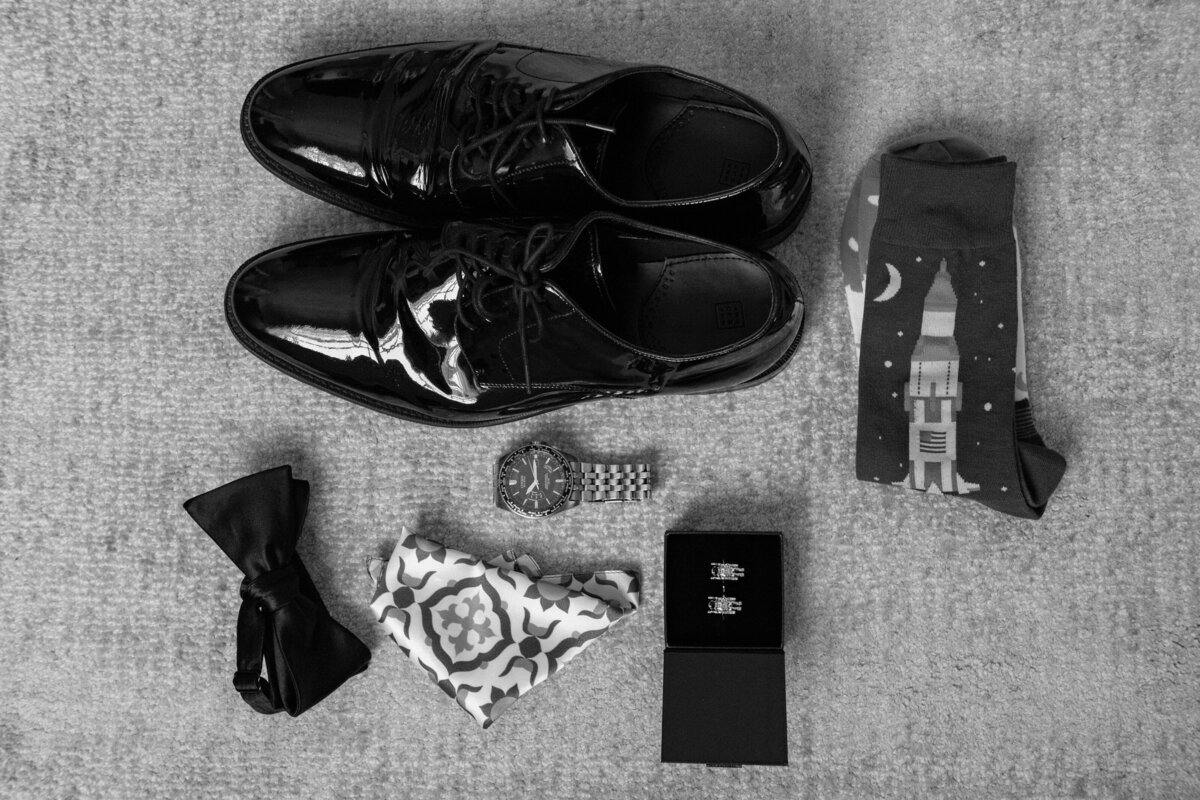 Groom shoes, Rolex watch and bowtie