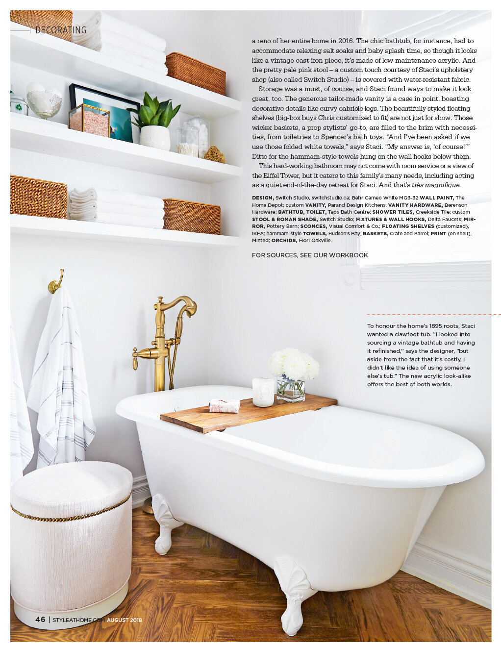 Parisian style bathroom with clawfoot tub and herringbone floors featured in Style At Home Magazine