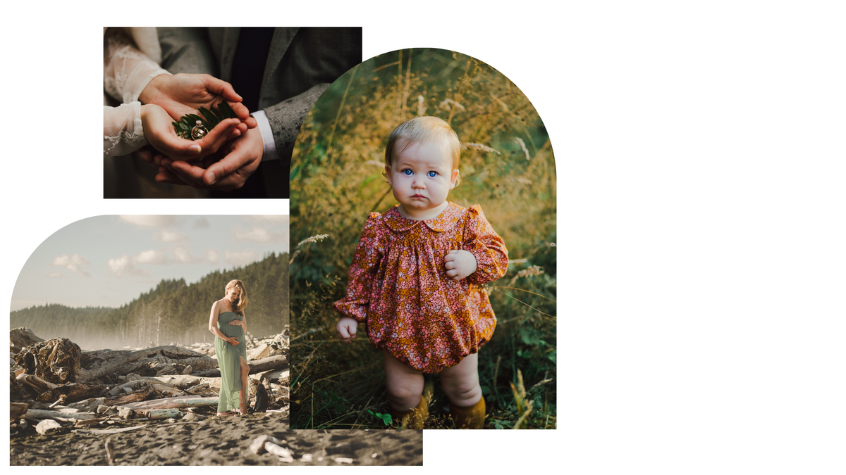 Photo collage of a toddler girl in a field, a maternity photo at Rialto Beach Washington, and a photo of a bride and groom's hands holding their wedding rings in the Olympic National Park Hoh Rainforest.