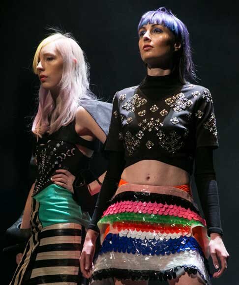 Fashion models wearing eclectic, modern outfits with sequins and bold colours during Toni & Guy runway show