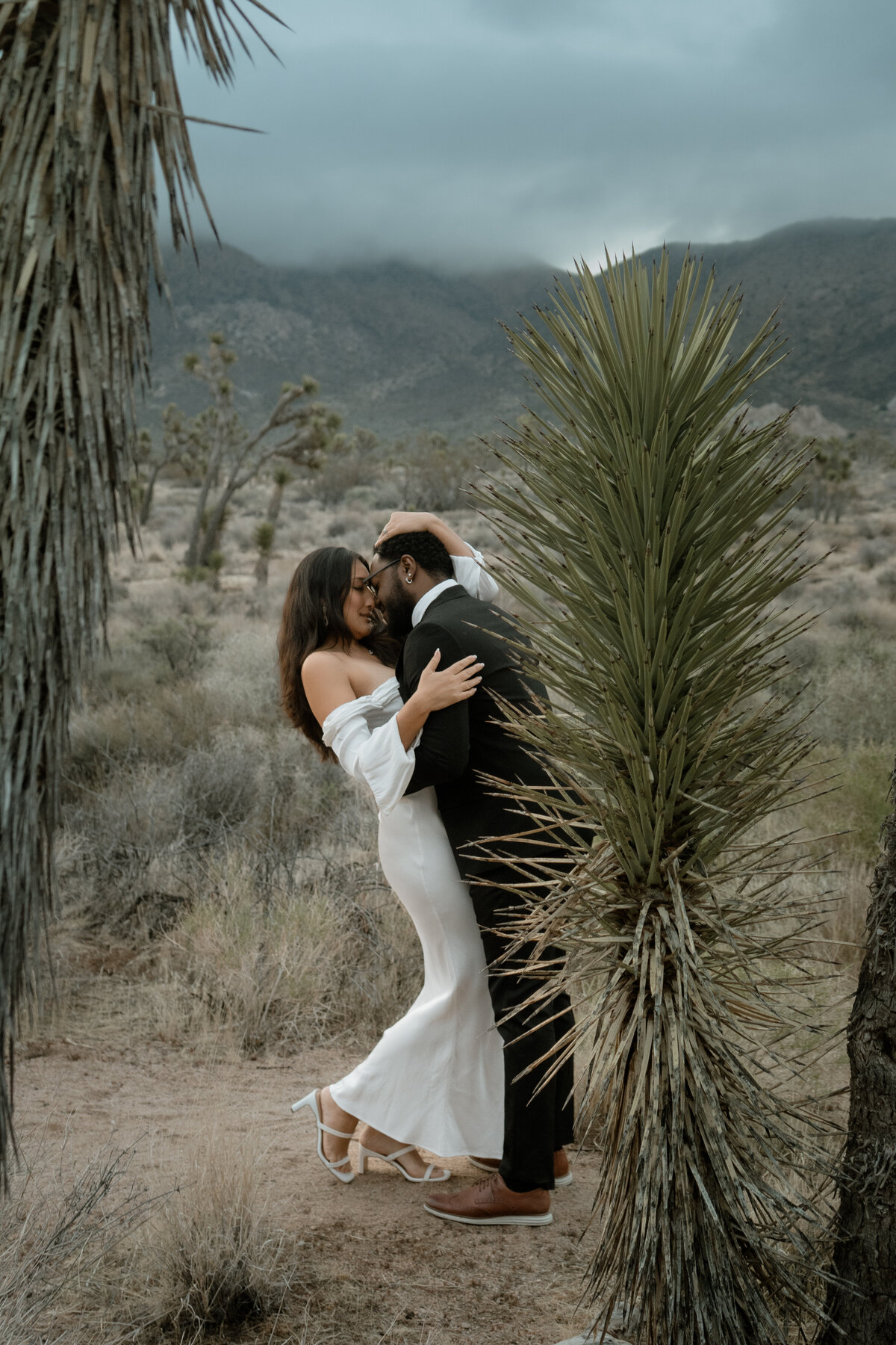 Bride and groom elopement in Joshua Tree at sunrise kissing affectionately in the desert