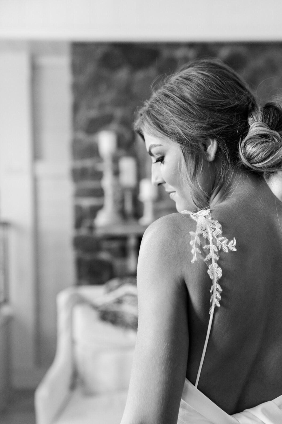 bride with lace strap trim in black and white