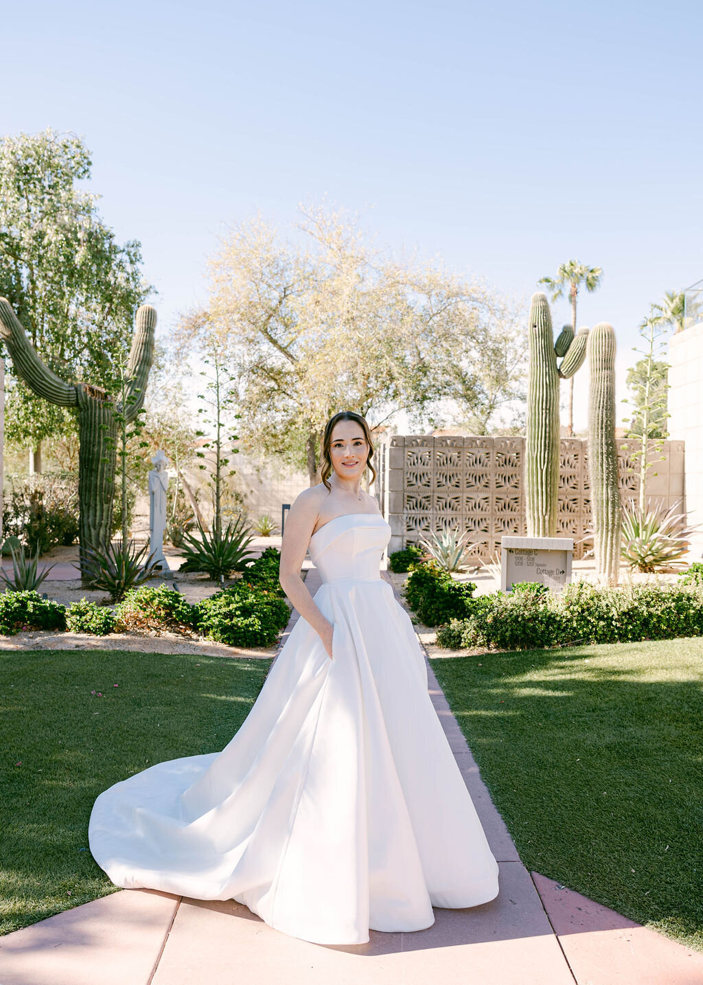 Elegant bridal portrait in cactus garden at Arizona Biltmore Golf Club.