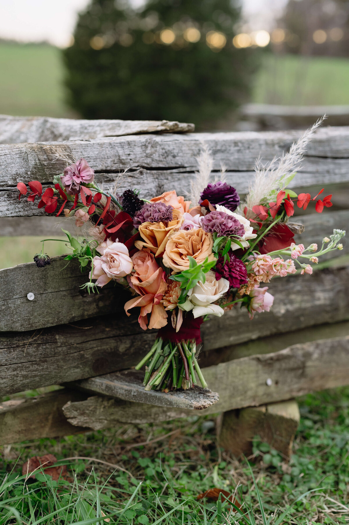 bridal bouquet with red leaves, purple thistles, and pink roses sitting next to a old wood fence in a field at Layz S Ranch