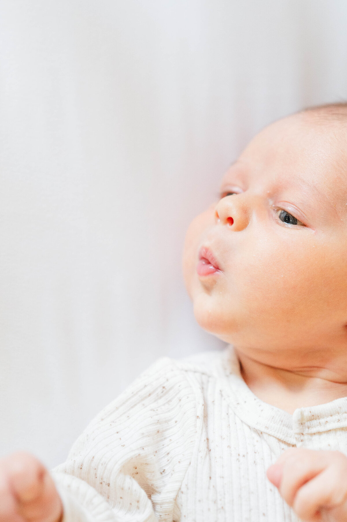 Newborn baby looking off in the distance taken in Sutton, MA 