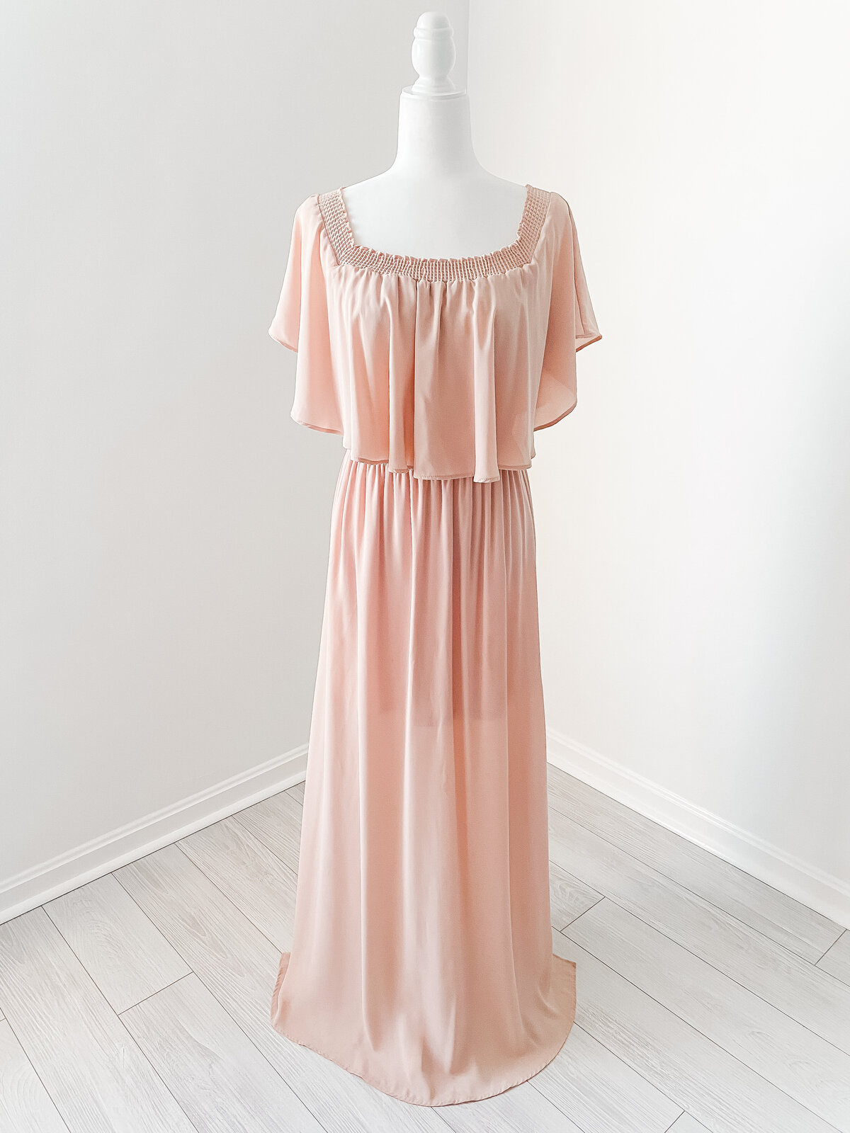 A pink off the shoulder maxi dress to wear for your Baby Photography photos in Northern Virginia