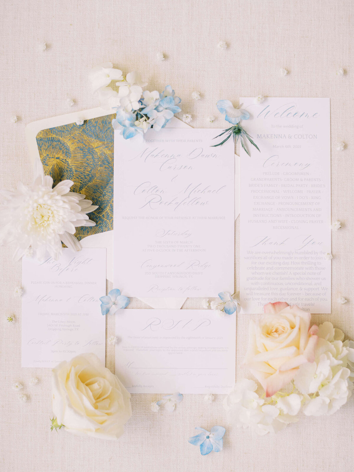 Soft colored wedding invitation suite for ceremony in central Texas