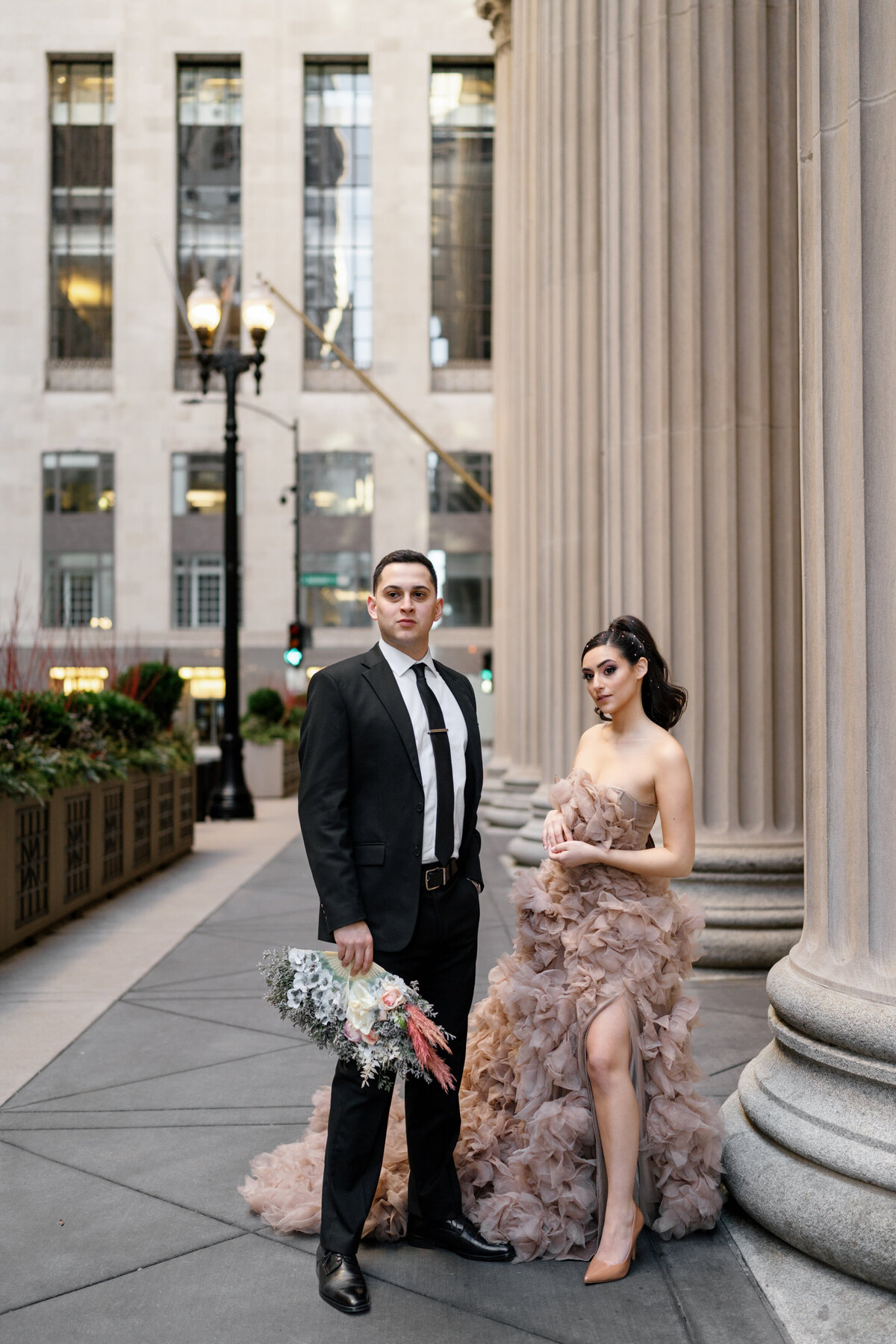 Aspen-Avenue-Chicago-Wedding-Photographer-Rookery-Engagement-Session-Histoircal-Stairs-Moody-Dramatic-Magazine-Unique-Gown-Stemming-From-Love-Emily-Rae-Bridal-Hair-FAV-77