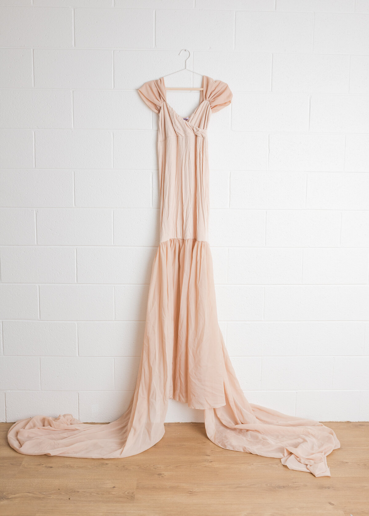 Blush coloured Maternity Gown with chiffon train by Chicaboo | Available for dress sizes 6-18 in Lauren Vanier Photography's Client Closet