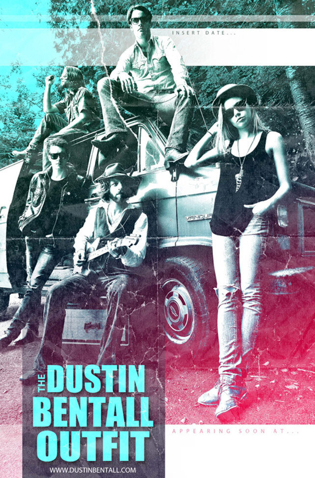 Band Poster The Dustin Bentall Outfit all four members standing and sitting on tops of and around tour van black and white image toned pink and blue
