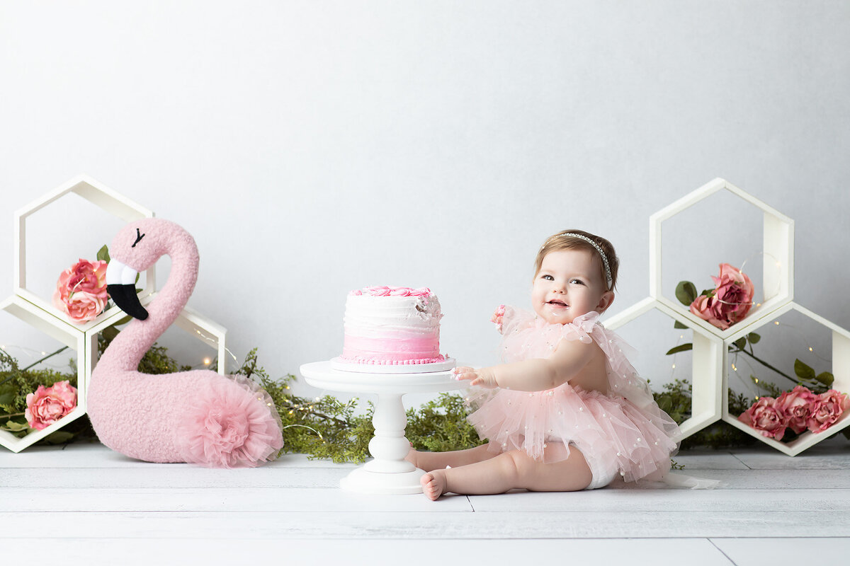 Dallas milestone photographer showcases a smiling baby girl in a pearl-dotted pink dress during a cake smash session with a pink ombré cake, floral hexagon décor, and a plush flamingo.