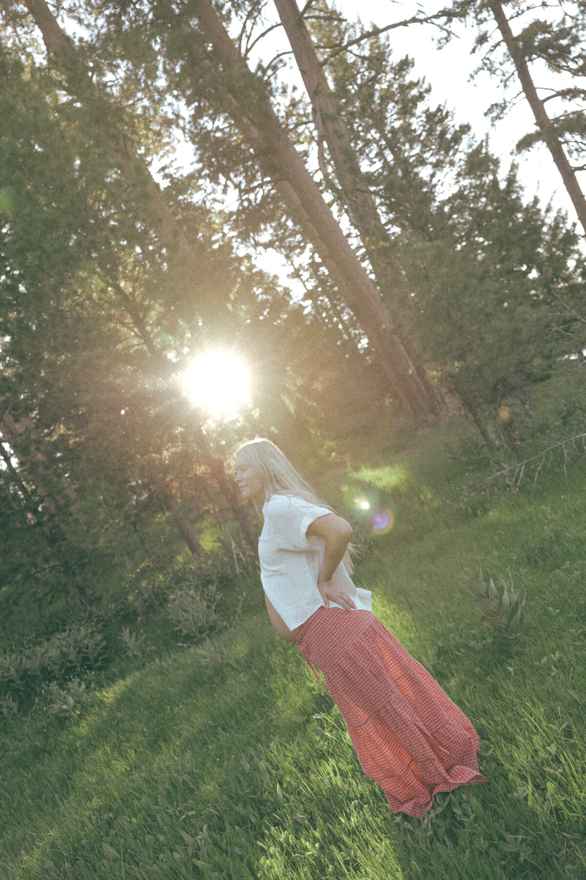 Golden Hour Maternity Photo in Pine Forest with Pregnant Woman in Red Gingham Pants