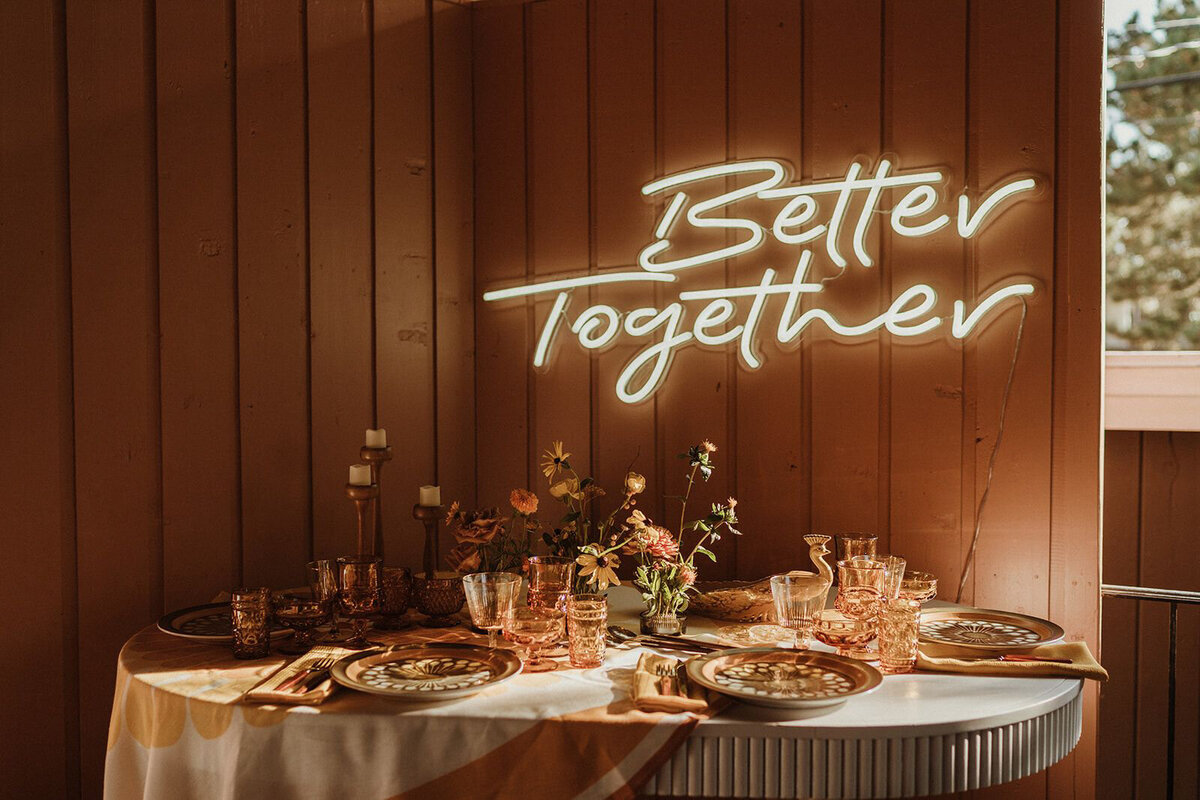 Better Together neon sign by Stef Forward Events, trendy and modern decor rentals based in Calgary, AB. Featured on the Brontë Bride Vendor Guide.