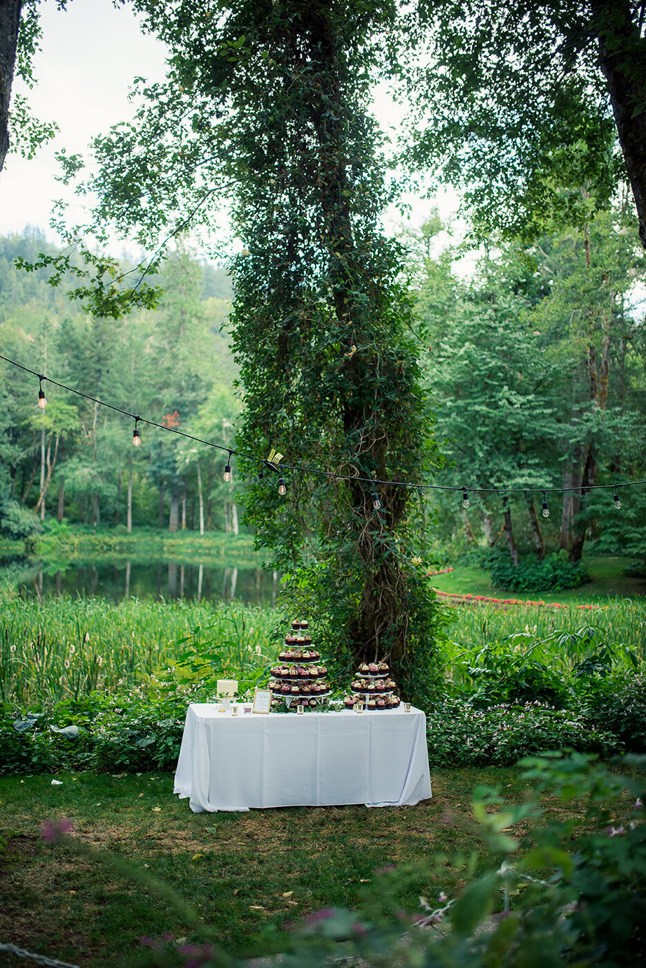 wedding dessert table in trees