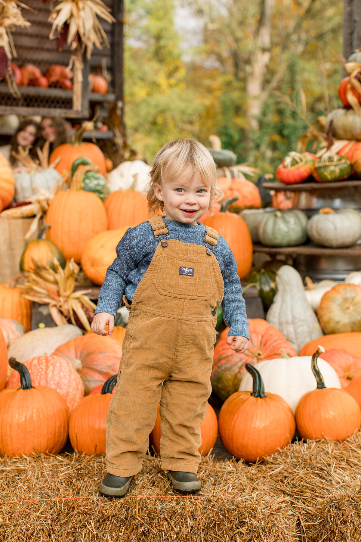 Family session photo in Boone, NC of a toddler boy standing on a bale of hay with pumpkins in the background.