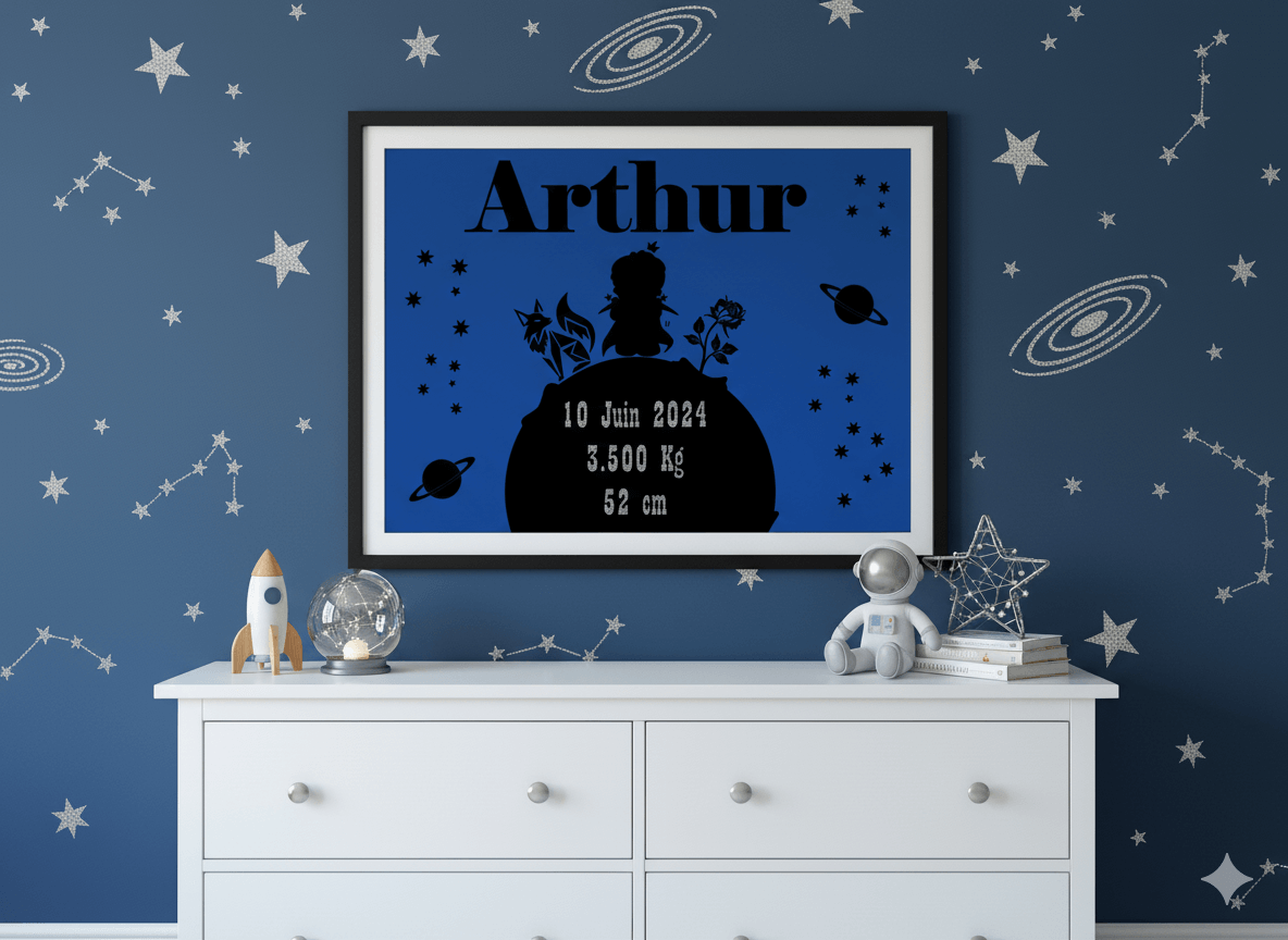 Cadre de naissance bleu sur le thème du cosmos, avec silhouette d’un enfant debout sur une petite planète, entouré d’étoiles et de planètes, posé sur une commode blanche dans une chambre d’enfant décorée d’éléments spatiaux. Le cadre affiche un prénom et des informations de naissance