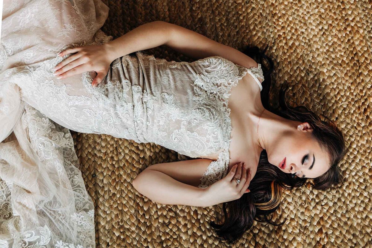 Portrait of Missoula bride laying on floor