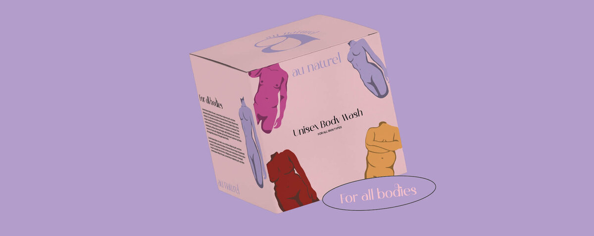 Packaging design for unisex body wash box with body illustrrations
