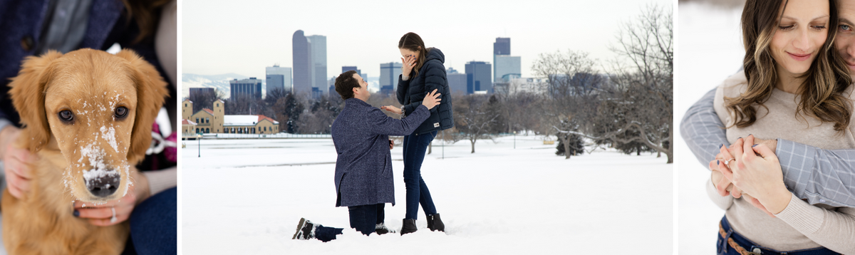 emotional proposal  in the snow with denver skyline in the background