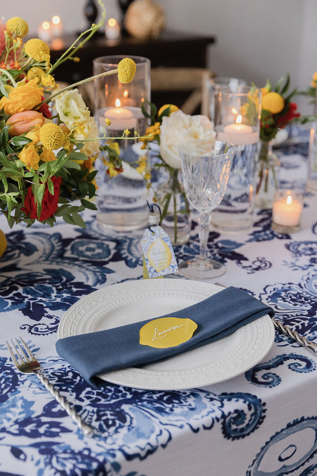 placesetting, lemon, placecard, candlelight, formal, elegant, centerpiece 