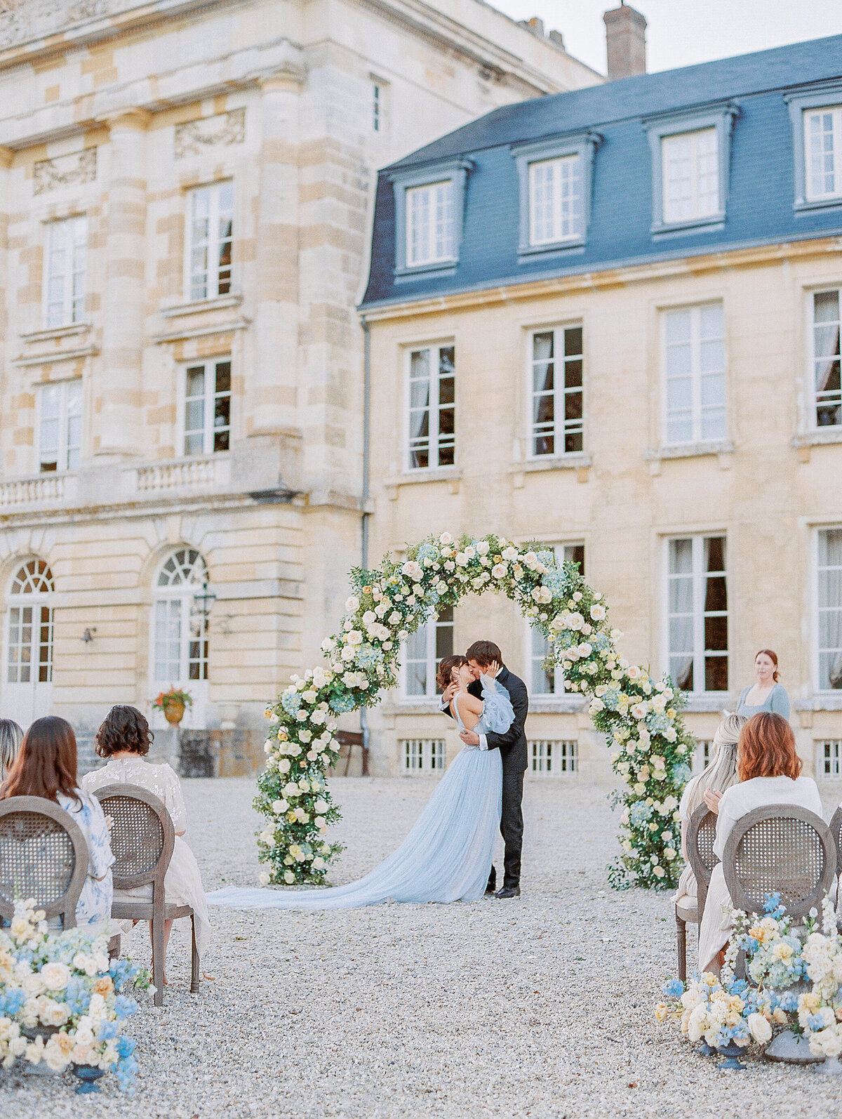 Bride and Groom Embrace at Chateau de Courtomer Wedding