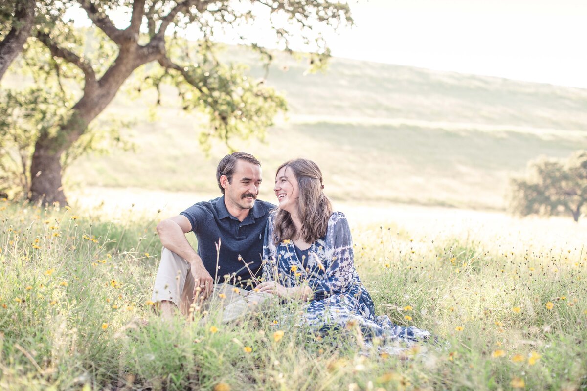 wedding engagement session at Canyon Lake Texas wildflower field blue dress light and airy photography