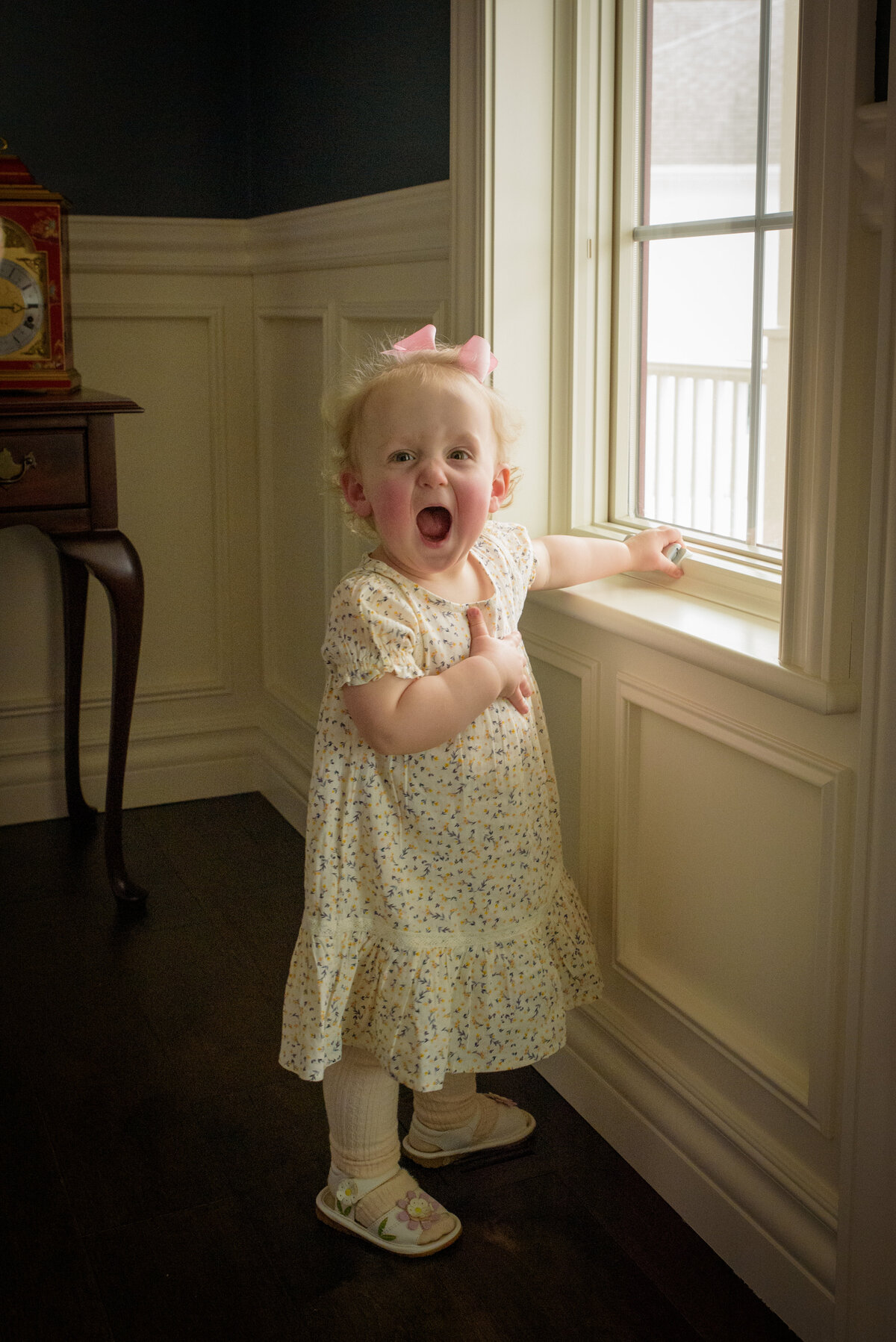 Curly haired blonde toddler girl is standing in natural light by window in her home in Green Bay, Wisconsin