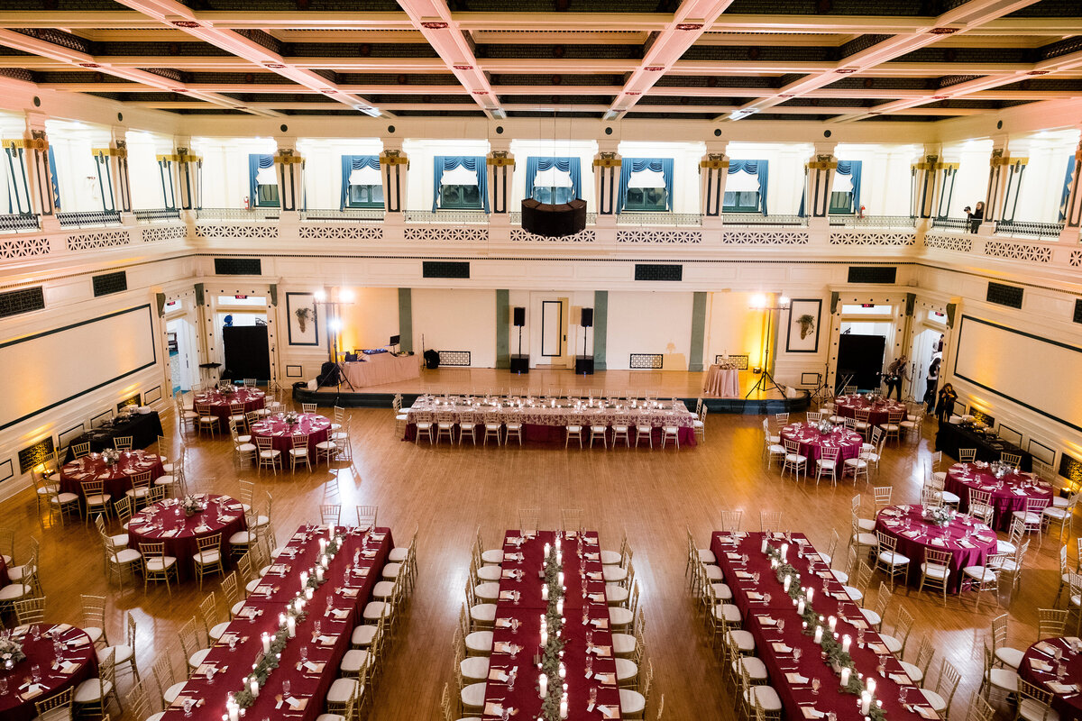 wedding reception table setup at soldiers and sailors memorial hall