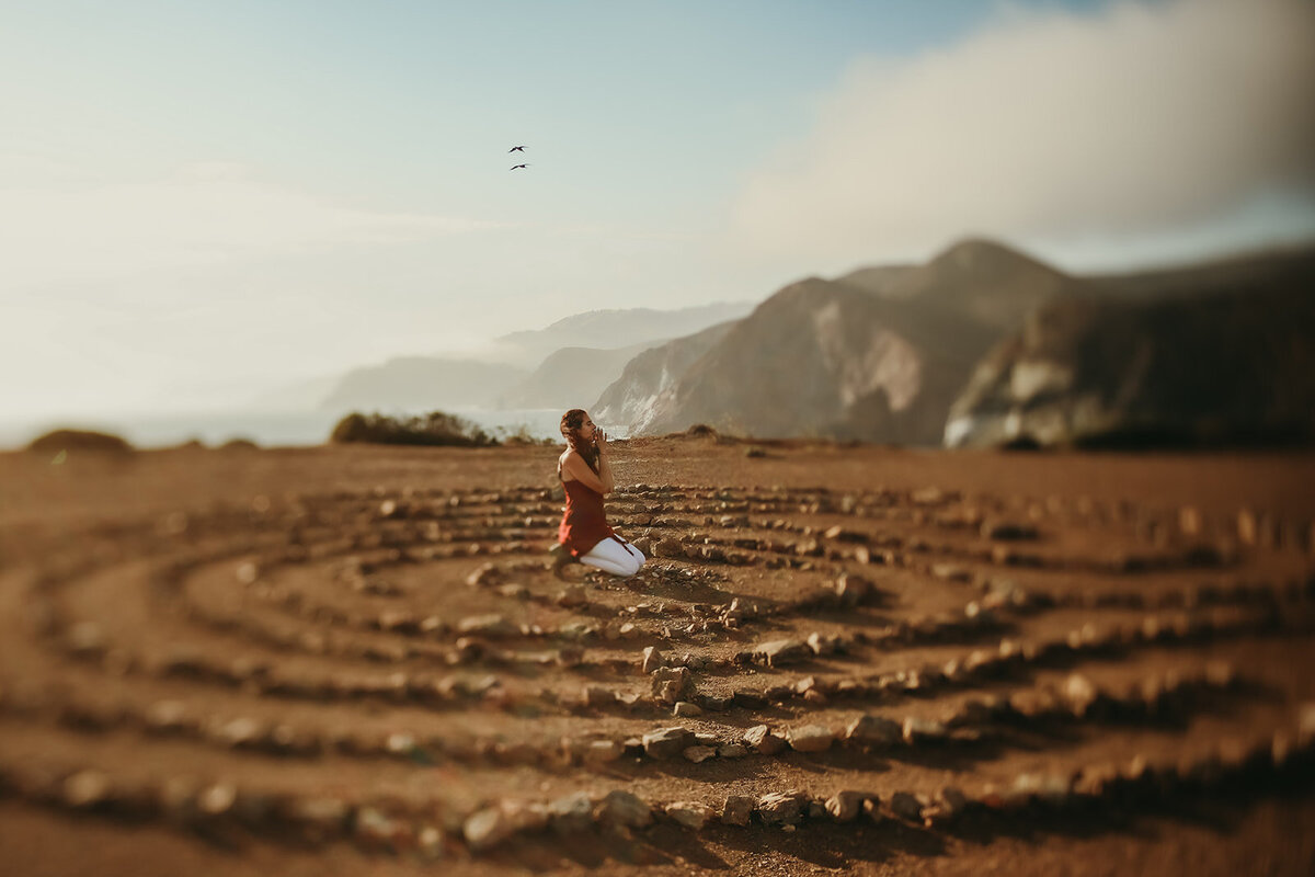 Branding photography in Bay Area marin headlands of woman in labyrinth center