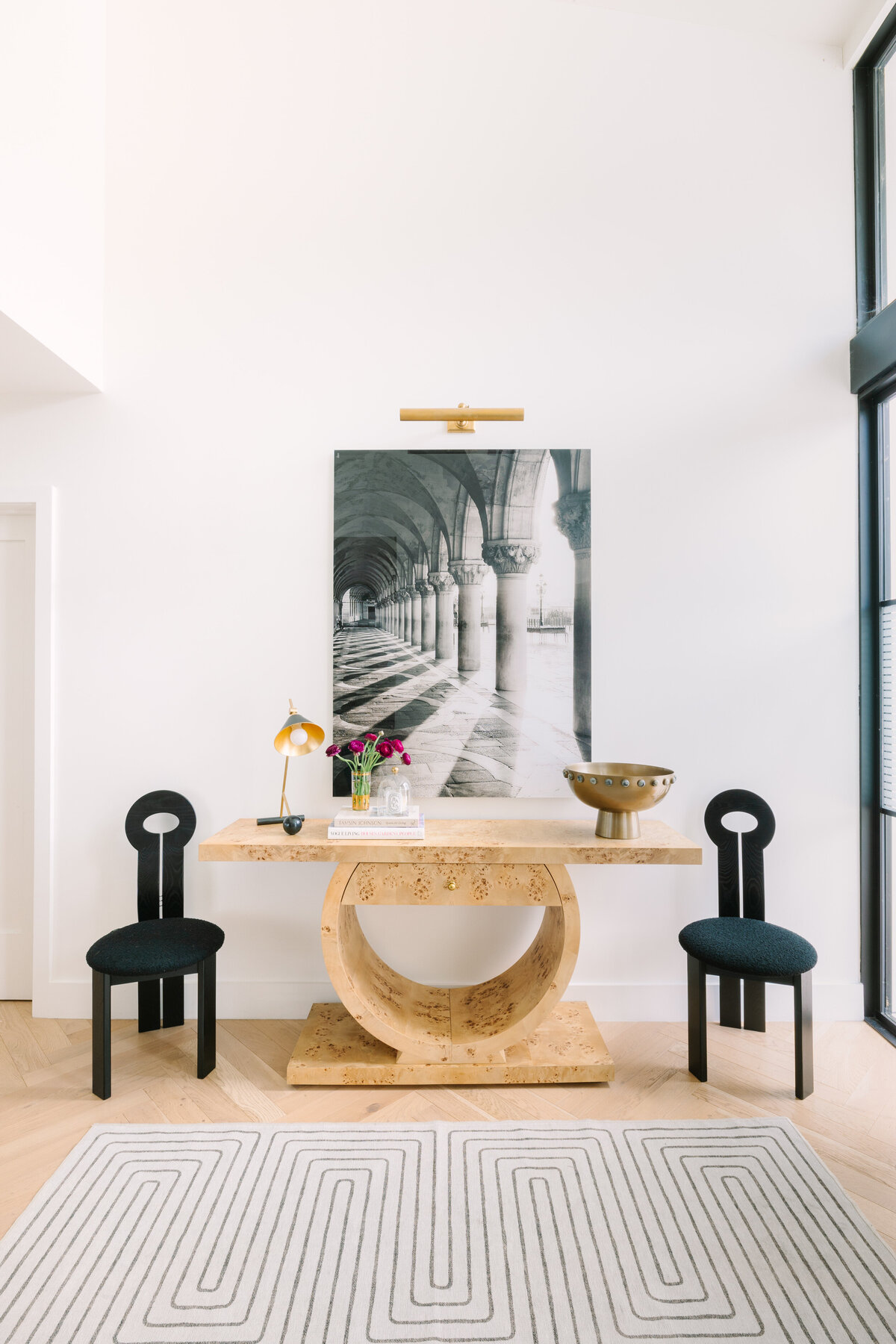 Foyer with Burl wood art deco table and chairs flanking table