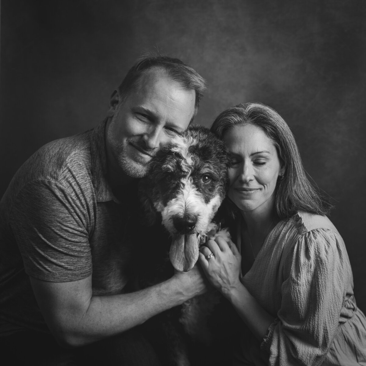 Black and white portrait of couple with senior dog — timeless fine art photography in Sausalito
