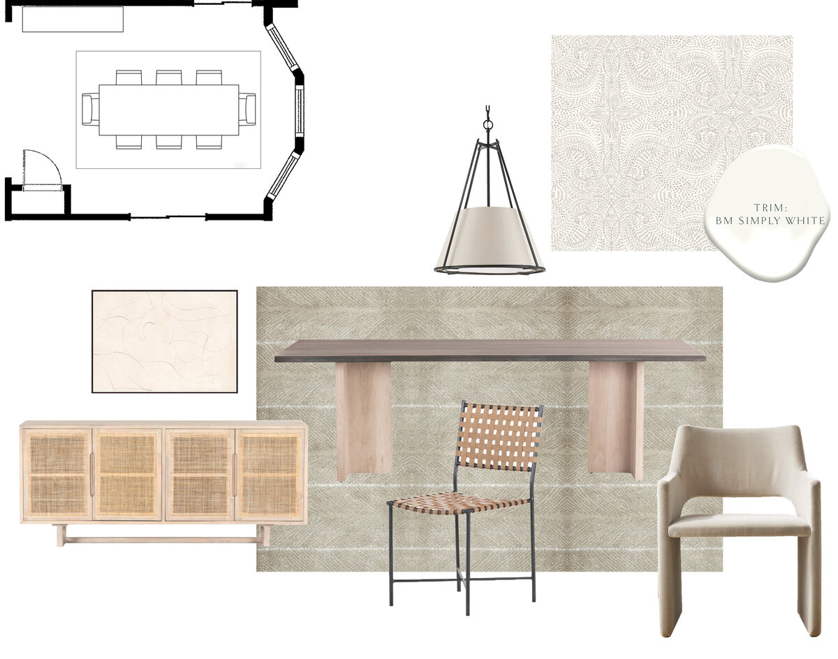Interior Design Dining Room Schematic Design Presentation  with floor plan, large drum pendant with black accents, cane side board, velvet armchairs and decorative wallpaper