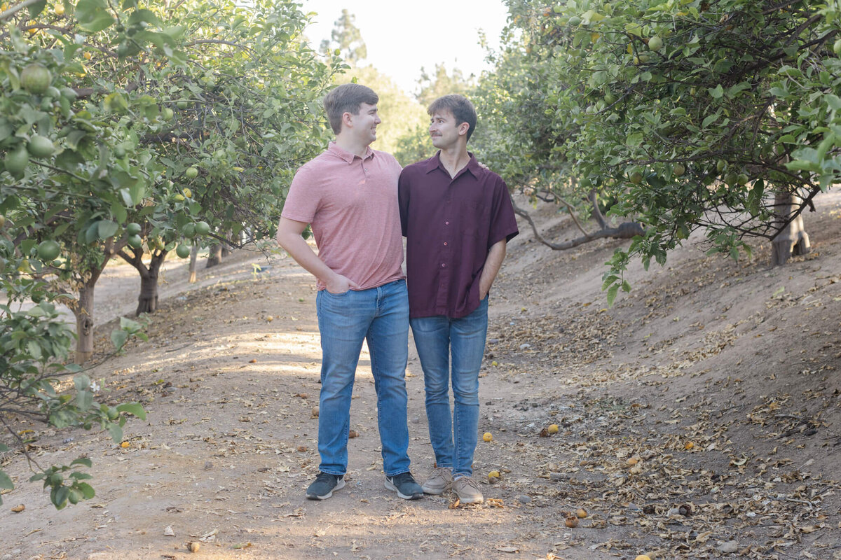 Two brothers with dirty blonde hair, wearing blue jeans and different shades of red, looking at each other while standing in a lime tree grove in Tustin.