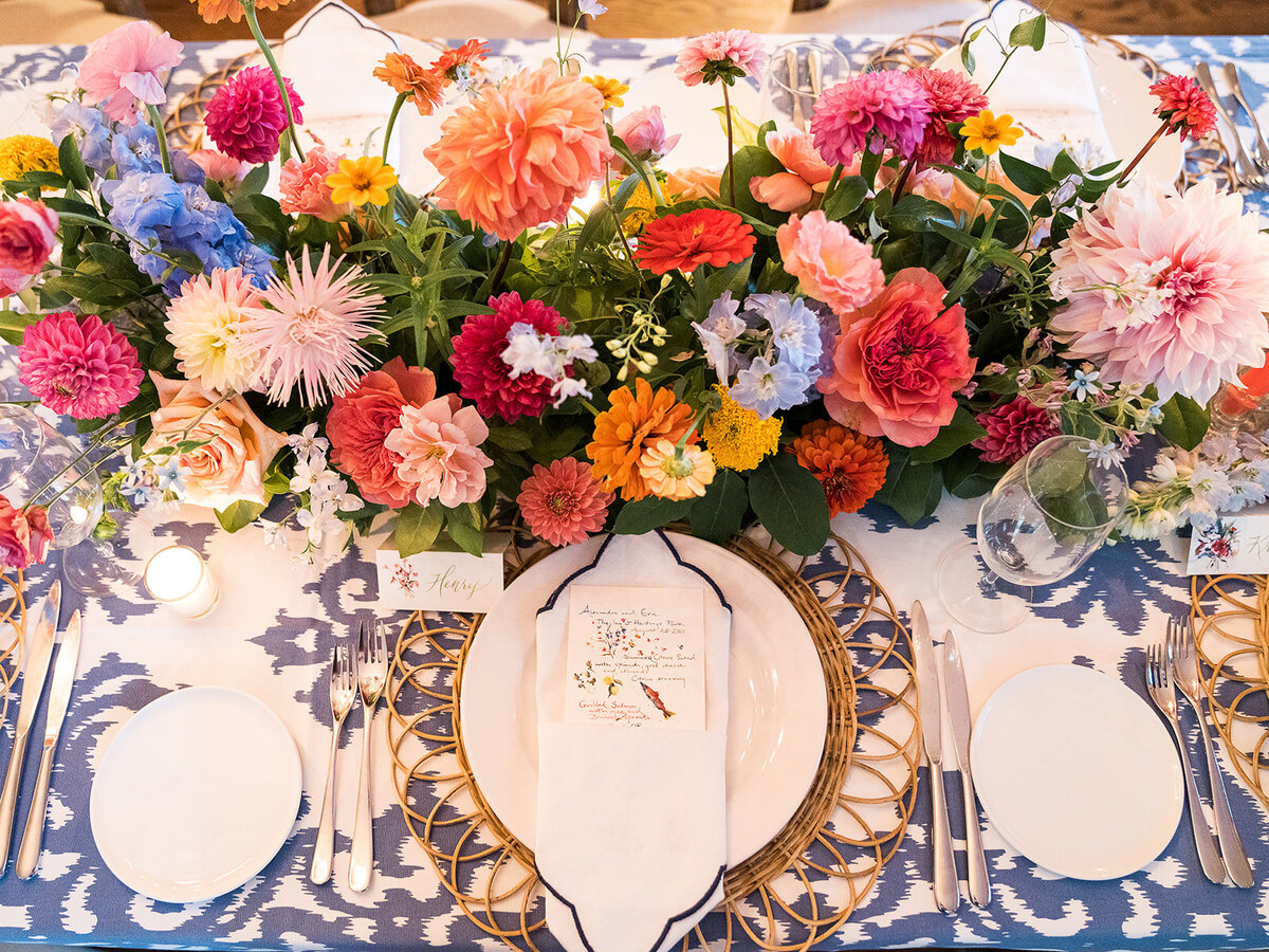 Kate-Murtaugh-Events-RI-wedding-planner-micro-wedding-Inn-at-Hastings-Park-Lexington-Boston-MA-luxury-elopement-colorful-dahlia-florals-watercolor-menu-rattan-charger