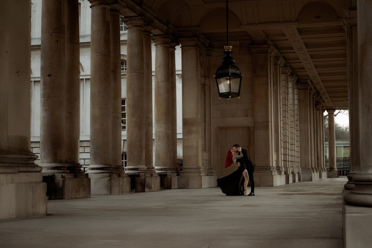 Cinematic wedding and elopement photography in London, couple embracing at Old Royal Naval Collage
