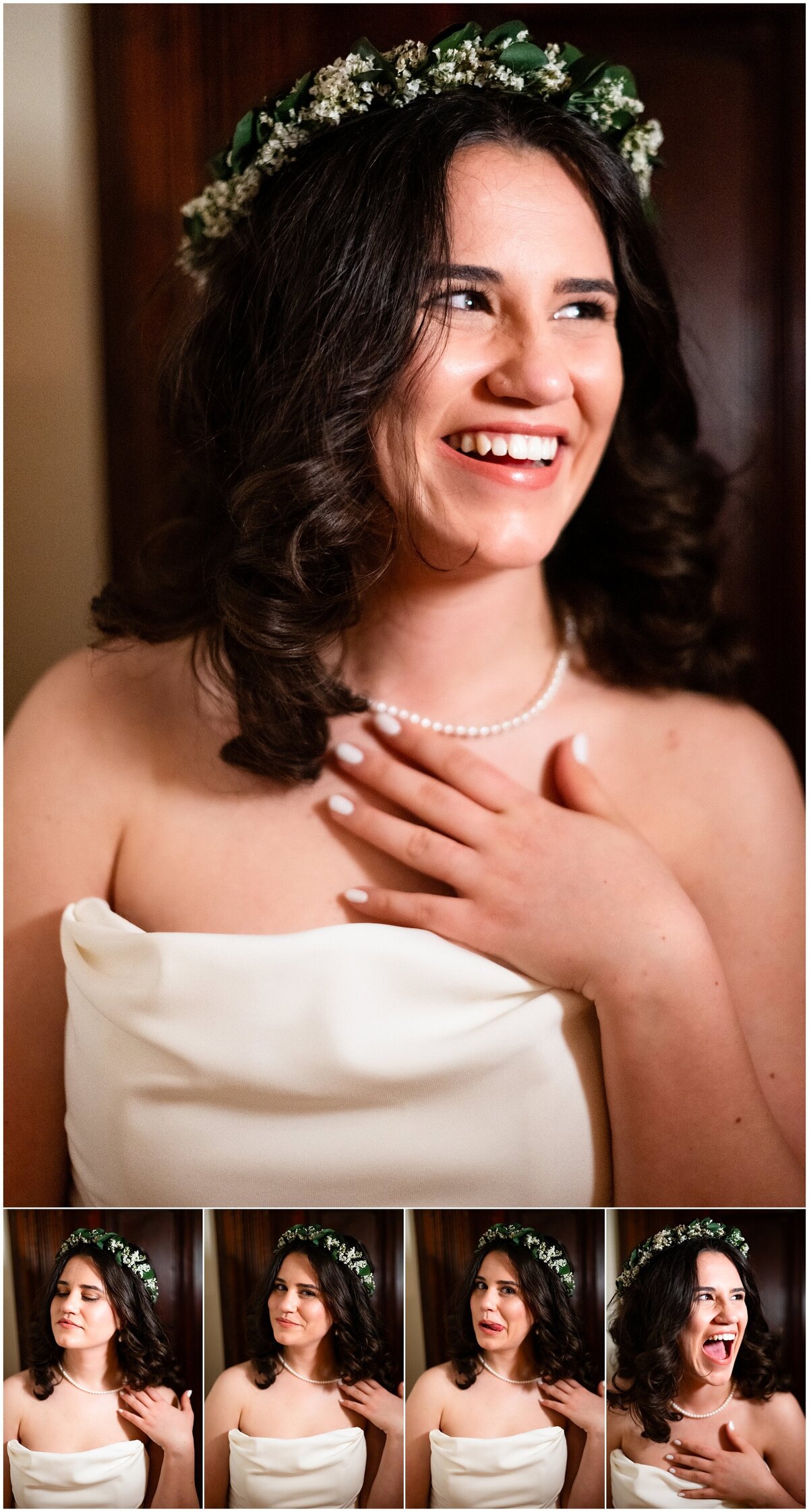 Bride with a white roses bouquet wearing a veil and a headband matching her bridal dress with sheer corset design and lace flower details in the GTA