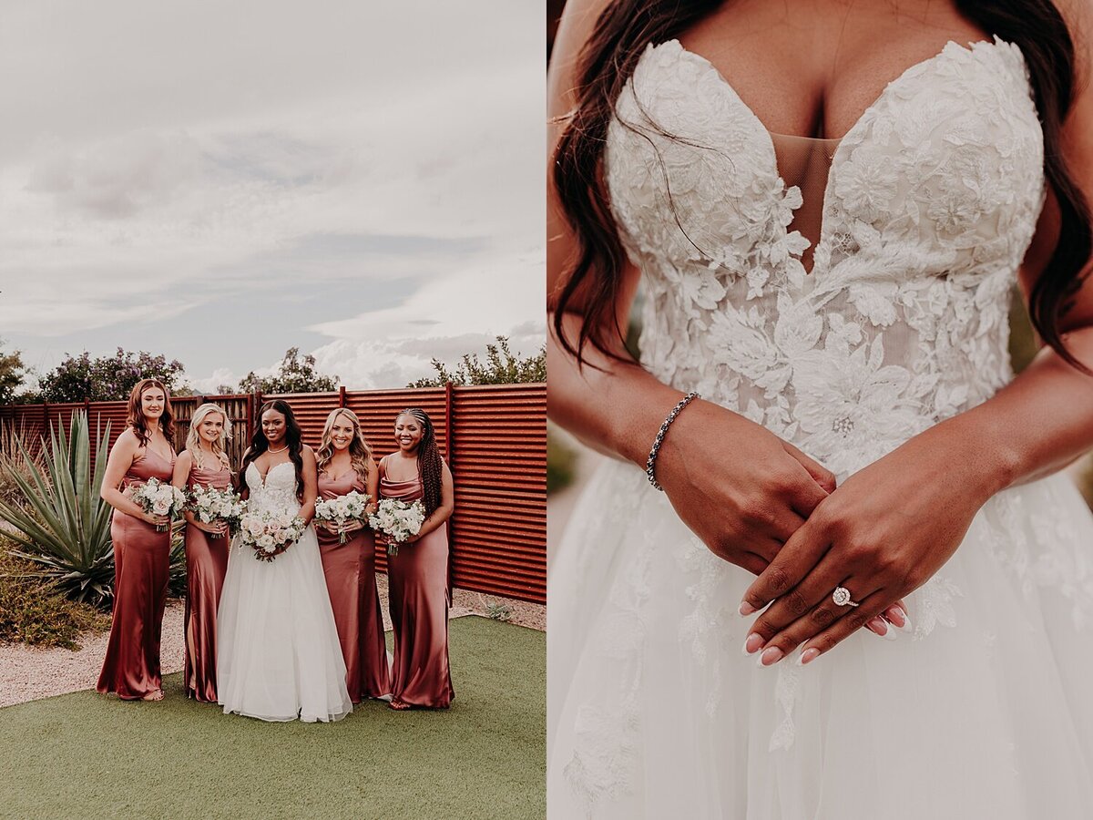 Bride and bridesmaids hold flowers and side hug