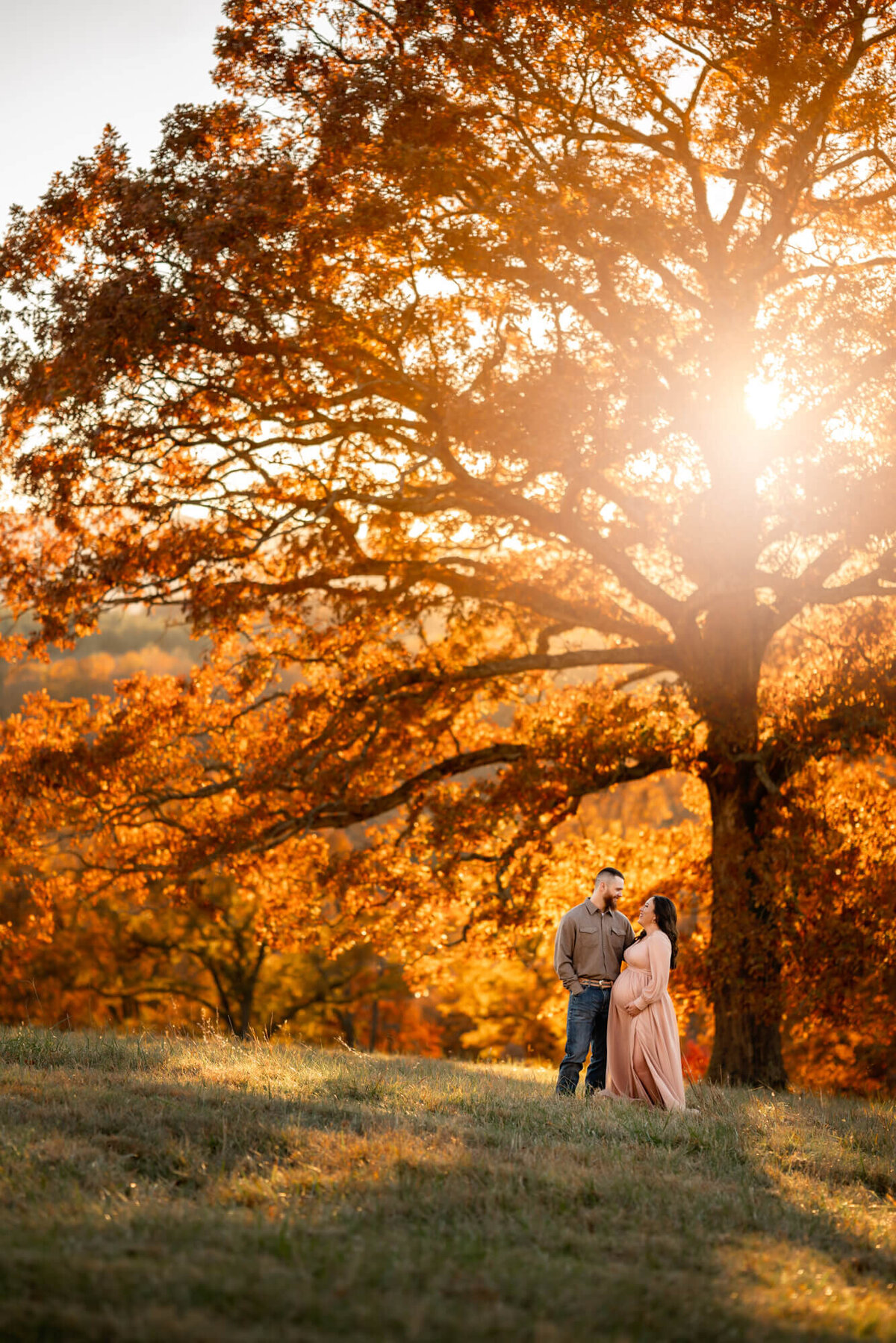 An Expecting couple cuddles and laughs while standing in front of a large tree during the fall as the sun sets behind them