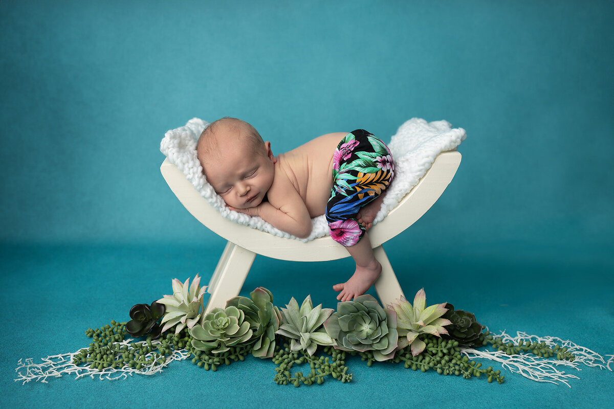 Newborn baby boy in tropical pants posed on a white curved bench surrounded by succulents, captured in a Texas Newborn Photography Studio.