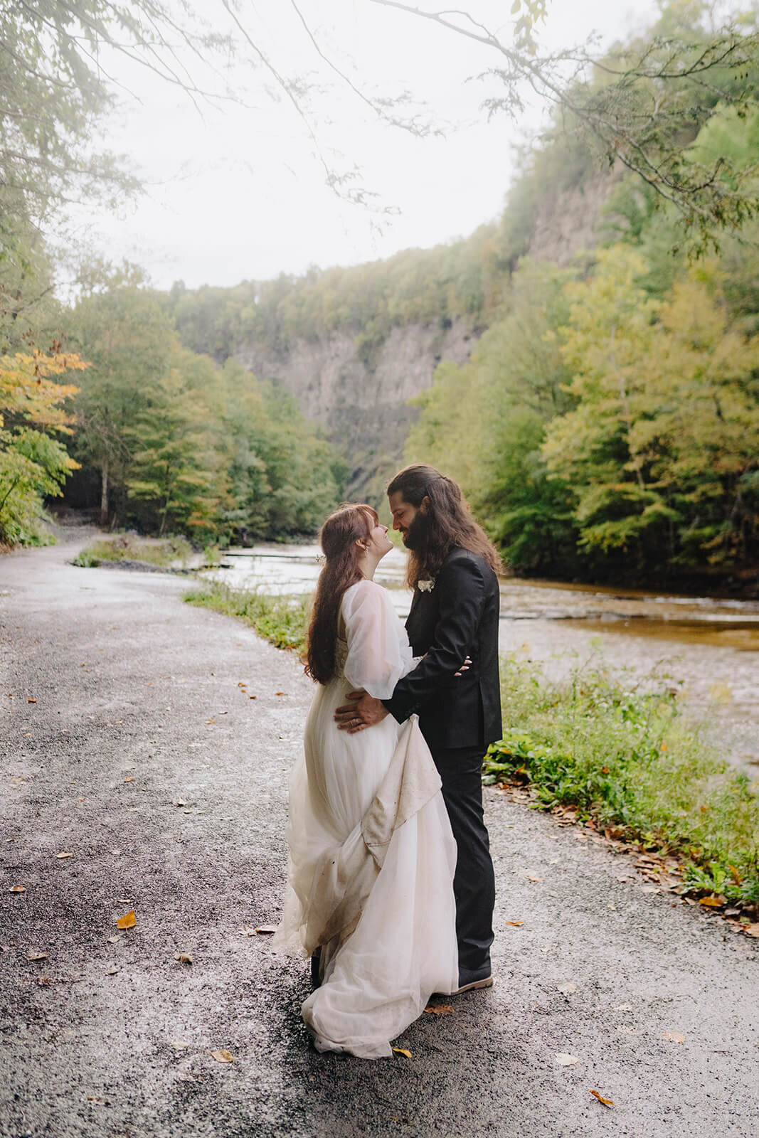 Bride and groom looking at each other at Finger Lakes wedding, NY