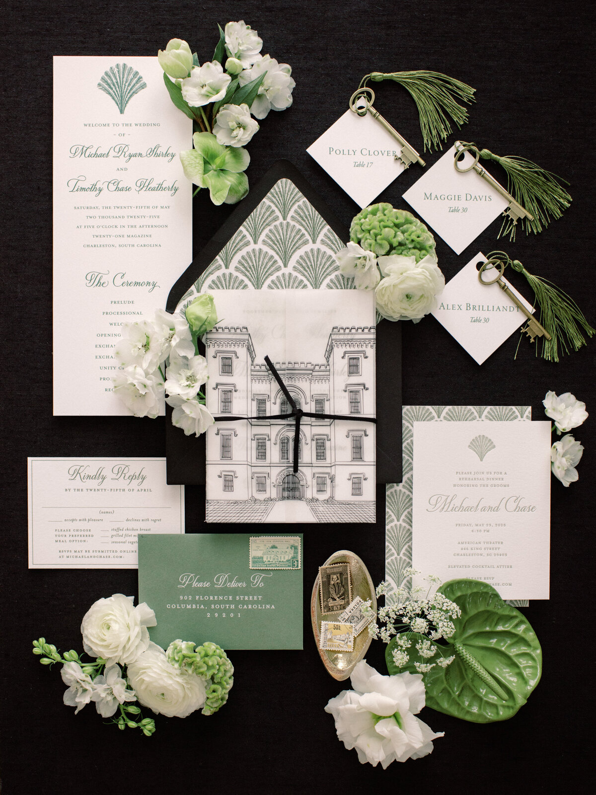 A beautifully arranged wedding invitation suite featuring floral elements, a clock, and personalized name tags, perfect for elegant wedding planning and celebration.