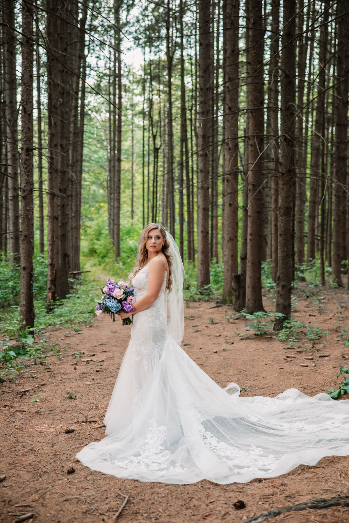 bride stands alone in a forest of pine tree with bouquet of blue and purple and a dress with a long train