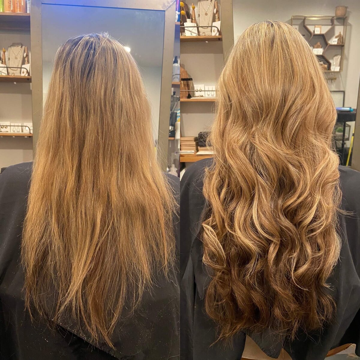 Before and after of hair extensions on woman with long blonde hair.