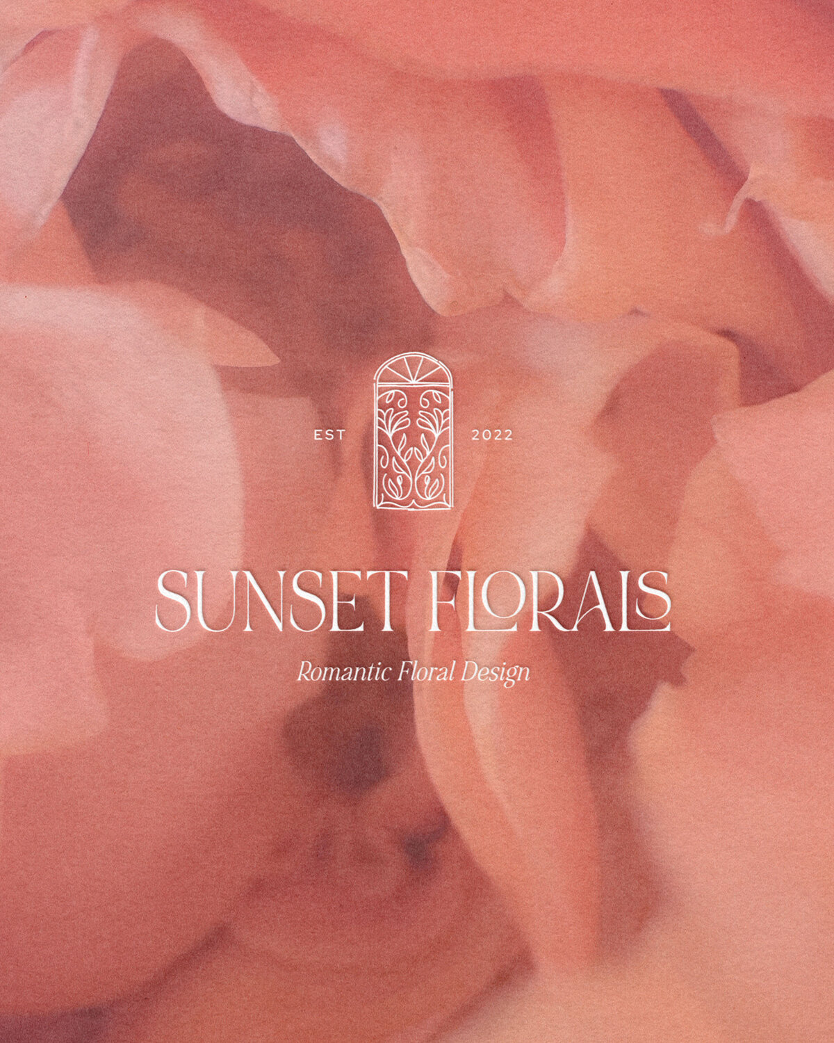 Coral floral background featuring illustrated brand icons for Sunset Florals